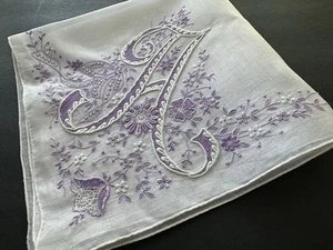 A+ Vintage White Linen Hankie Lavender Monogram A Madeira Style Hand Embroidery - Picture 1 of 10
