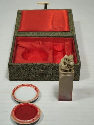 Sello de cera roja de piedra de jabón tallada china (doble felicidad) tarro de porcelana  Foto 1 de 4