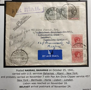 1941 Nassau Bahamas Airmail Censored Cover to Belfast Northern Ireland - Picture 1 of 3