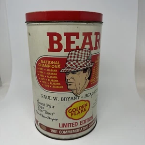 Vintage 1981 Alabama Crimson Tide Bear Bryant Golden Flake Chip Tin Can Canister - Bild 1 von 18