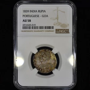 1839 INDIA 1 RUPIA ✪ NGC AU-58 ✪ PORTUGUESE GOA COIN 1R RUPEE ◢TRUSTED◣ - Picture 1 of 4