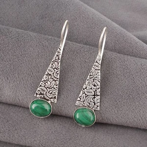 Natural Malachite 925 Silver Drop Dangle Minimalist Unique Boho Earrings Jewelry - Picture 1 of 9