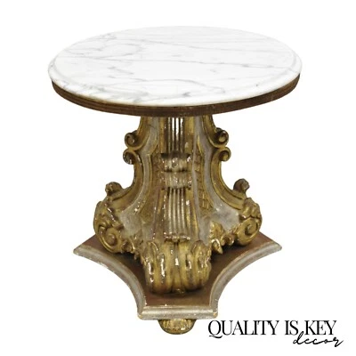 Mesa lateral pedestal superior mármore redondo madeira esculpida florentina regência italiana 18" - Imagem 1 de 4