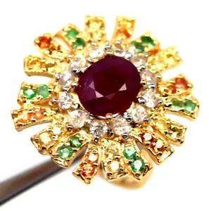 925 Plata Rojo Rubí, Circonita, Zafiro Y Tsavorite Granate Joyas Anillo Tamaño 7 - Imagen 1 de 4