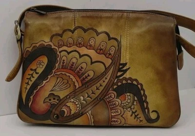 Bolso de hombro de cuero hecho a mano Anuschka pintado a mano cartera silla de montar cachemira 10" Foto 1 de 4