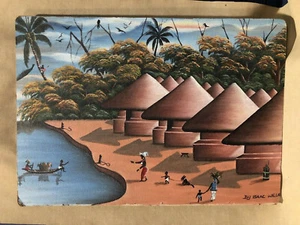 Vintage Signed African Artist  Isaac Willie 1972 Oil Painting Bought in Liberia - Picture 1 of 12