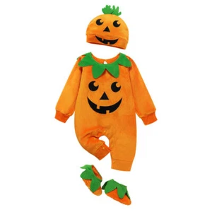 Newborn Infant Baby Halloween Pumpkin Costume Jumpsuit Hat Shoes 0-24 Months - Picture 1 of 15