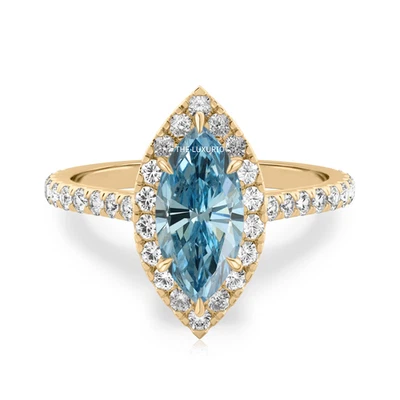 Diamond Ring Fancy Intense Blue IGI 1.6 Carat Lab Grown Marquise 14K Yellow Gold - Image 1 of 4