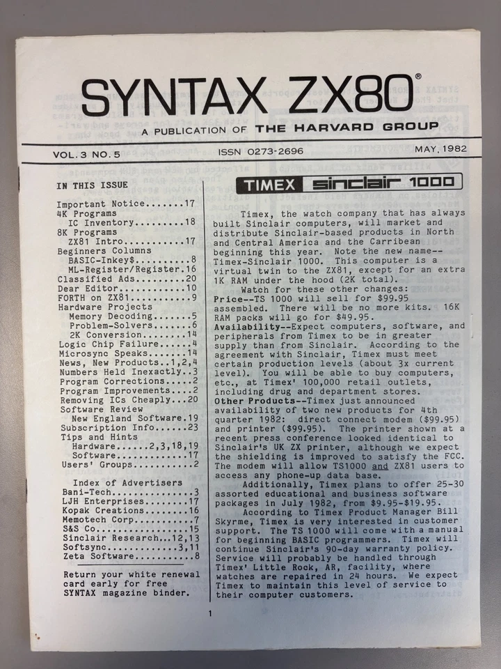 ZX80 Sinclair Timex Computer Publication - SYNTAX Vol 3 No 5 May 1982 Original - Image 1 of 1
