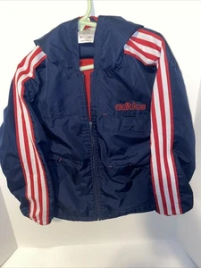 Adidas Boys Size 6 zip up Track jacket navy blue 3 Stripe white and Red - Picture 1 of 5