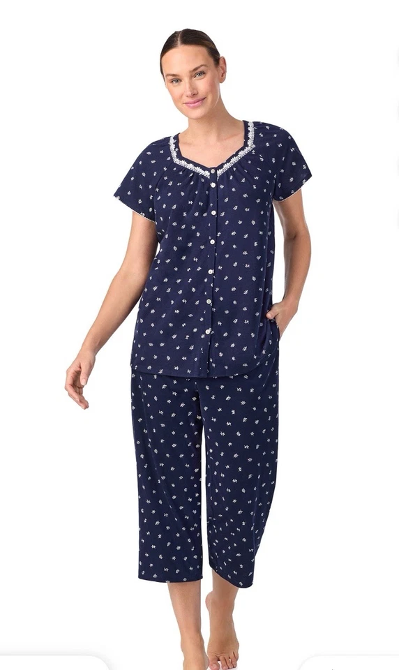 Aria Women's Short Sleeve Cotton Cropped Pajama Set Morning Glory Dots Sz Small