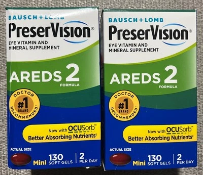Nuevo) Bausch + Lomb PreserVision AREDS 2 Fórmula 130 cápsulas blandas EXP 12/25 paquete de 2 Foto 1 de 4