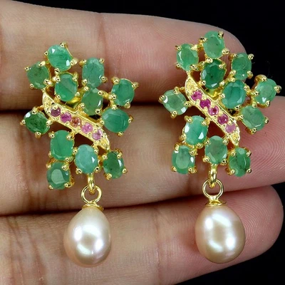925 Sterling Silver Earrings Oval Emerald 4x3mm Ruby Pearl Gemstone Jewelry - Image 1 of 4