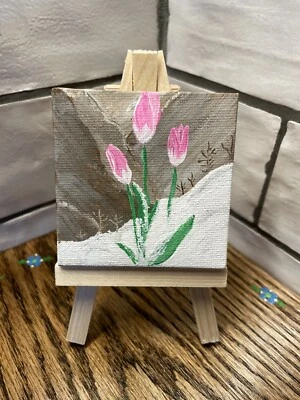"Mini lienzo de pintura de 2,5x2,5"" con comadreja acrílico rosas flores montañas de nieve" Foto 1 de 4