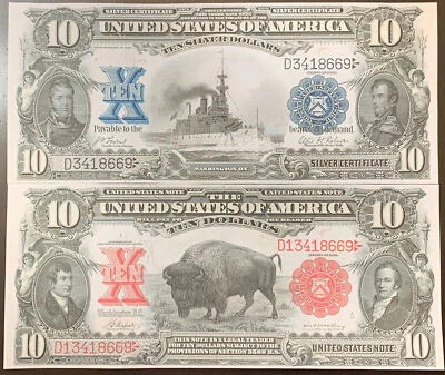 Reproduction $10 1899 Silver Certificate Battleship $10 1901 US Note Bison Bills - Image 1 of 4