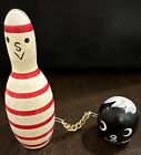 Vintage Mini Wood Bowling Ball & Pin Card Holder With Chain Japan
