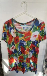 Preowned Blue Illusion Floral Watercolour Multi Linen Womens Top Shirt Size S VG - Picture 1 of 6
