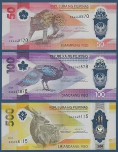 New Polymer 50, 100, 500 Prefix "AA" Fauna Ser. 2024-25 Philippine Banknotes - Picture 1 of 7