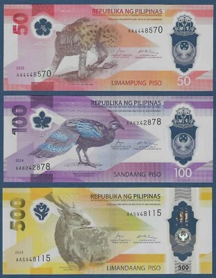 New Polymer 50, 100, 500 Prefix "AA" Fauna Ser. 2024-25 Philippine Banknotes - Image 1 of 4
