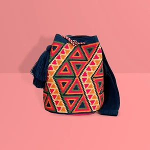 Authentic 100% Wayuu Mochila Colombian Bag Large Size Gorgeous Bright & BLUE - Picture 1 of 9