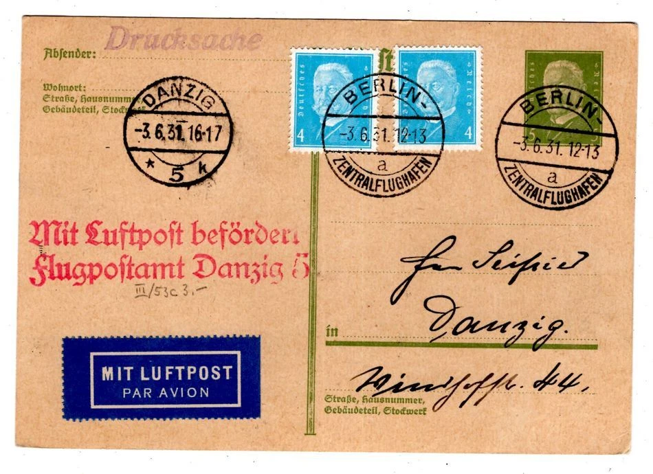 Zeppelin/Flugpost 1931 Berlin Zentralflughafen mit Luftpost Danzig (BA2098 - Bild 1 von 1