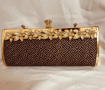 Gorgeous Copper Brown Gold Metallic Design Evening Bag, With Gold Floral Border - Image 1 of 4