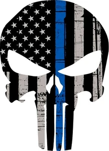 Punisher Thin Blue Line Flag Iron On Transfer-T-Shirt + Light & Dark Fabrics #2 - Picture 1 of 4