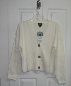 Abbott Elementary V-Neck Long Sleeve Button Front Ribbed Cardigan Ivory Med $49 - Picture 1 of 5