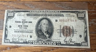 1929 $100 BROWN SEAL B Federal Reserve USA CURRENCY NOTE, NEW YORK, Low Serial # - Image 1 of 2