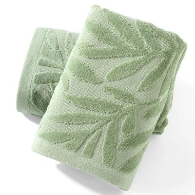 Juego de 2 toallas de mano verdes con patrón completo de hojas de salix de terciopelo en relieve súper sof... Foto 1 de 4