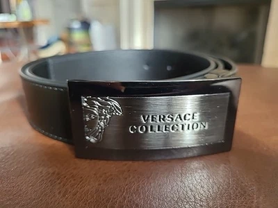 Cinturón de cuero negro Versace Collection para hombre con hebilla tono plateado talla 48 129/135 Foto 1 de 4