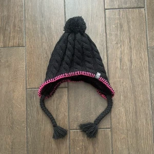 The North Face Fuzzy Beanie Girls Hat size Small Black/Pink with Pom Pom - Picture 1 of 5