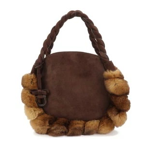 Ferragamo Gancini Suede Fur Hand Bag Brown BW-21 B372 Authentic Used F/S - Picture 1 of 24