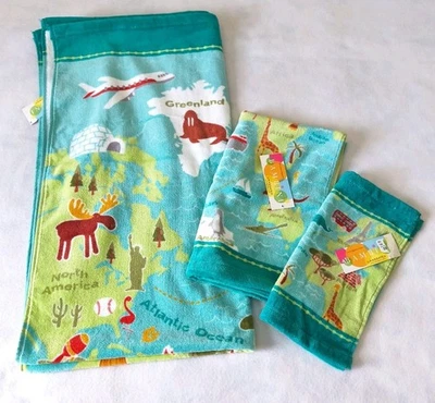 New Kassatex Bambini Kids Towels Set Of 3 Around The World Print 100%... - Image 1 of 4