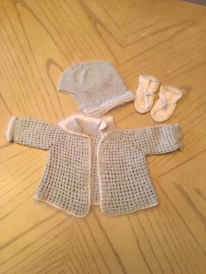 Vintage hand knit Baby Sweater, cap and booties.Blue & White 3 Pc - Image 1 of 4