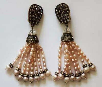 Редкий - Heidi Daus кристалл и имитации розовый жемчуг кисточки кристалл зажим на серьги - Изображение 1 из 4