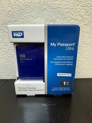 WD MY PASSPORT ULTRA PREMIUM STORAGE Blue 1 TB Model WDBGPU0010BBL-NESN Win 10 - Image 1 of 4