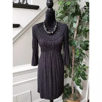 Max Studio Shift Dress Womens XS Black Stretch Ruched Midi Length Flared Sleeve - Image 1 of 4