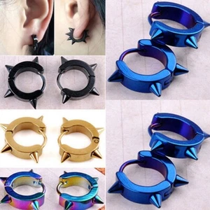 2PCS Men Women Stainless Steel Hoop Spike Circle Huggie Studs Earrings Punk Cool - Picture 1 of 12