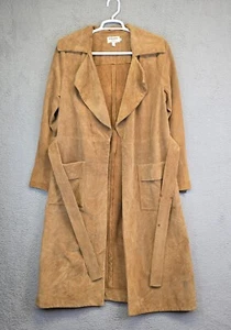 FRAME Le Duster Suede Long Trench Coat Womens L Tan Camel Belt Boho Western - Picture 1 of 19