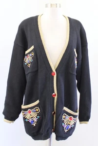 Vtg 90s Black Gold Embroidered Jewel Embellished Cardigan Sweater Size M Retro  - Picture 1 of 7