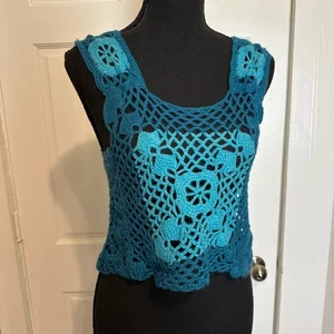Häkel Trägershirt Tie Back Tank Top ärmellos Boho Festival blau Gr. M - Bild 1 von 6