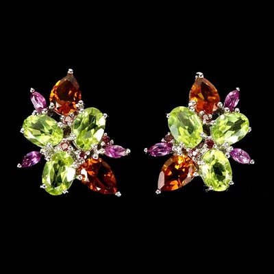 925 Sterling Silver Earrings Oval Peridot Citrine Rhodolite Gemstone Jewelry - Image 1 of 4