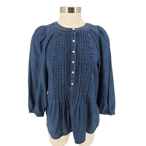 GAP Pleated Shirt Blue Dark Wash Denim 3/4 Sleeve Button Up Top Womens Small - Picture 1 of 8