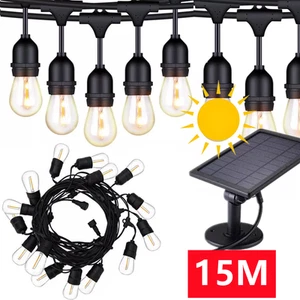15M Solar S14 Festoon String Lights 15 LED Bulbs Waterproof Outdoor Patio 49FT - Picture 1 of 19
