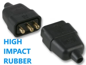 3 Pines Goma Negro Mains Eléctrico 250V 10 Amp Conector en Línea Extender - Imagen 1 de 3