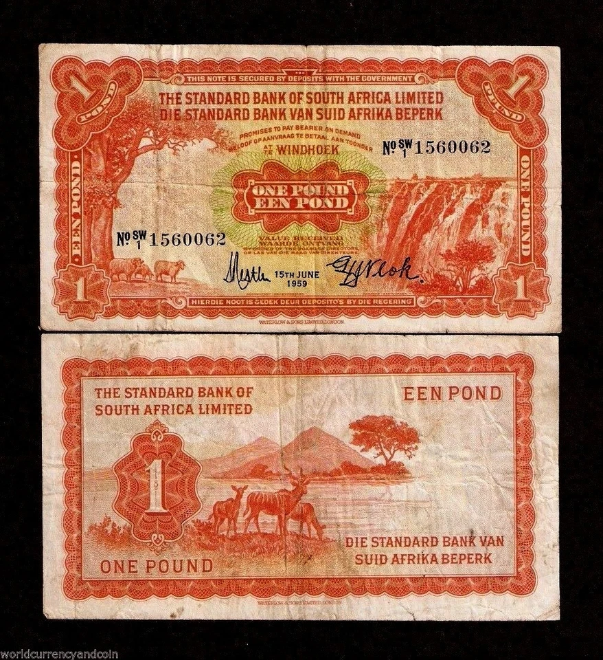 SOUTH WEST AFRICA 1 POUND P-8 15-6-1959 RARE PAPER MONEY STANDARD BANK SWA NOTE - Image 1 of 1
