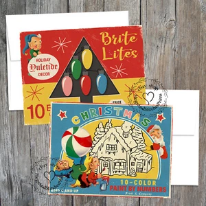 2 luces de Navidad estilo retro Santa Elfo nota de regalo en blanco tarjeta de felicitación #C5 - Imagen 1 de 4
