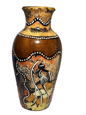 澳大利亚原住民民间艺术花瓶带凸起圆点绘画签名 — 第 1/4 张图片