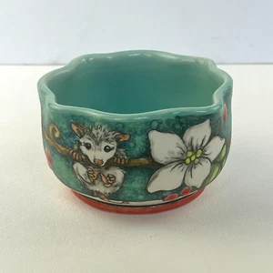 CJ Niehaus Studio Pottery Bowl Artisan Handmade Opossum Flowers Dish Natures Art - Picture 1 of 9